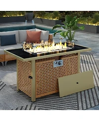 Flynama K&K 43 Inch Propane Gas Fire Pit Table 60000 Btu Rectangular Open Weave Wicker with Glass Wind Guard for Patio Garden