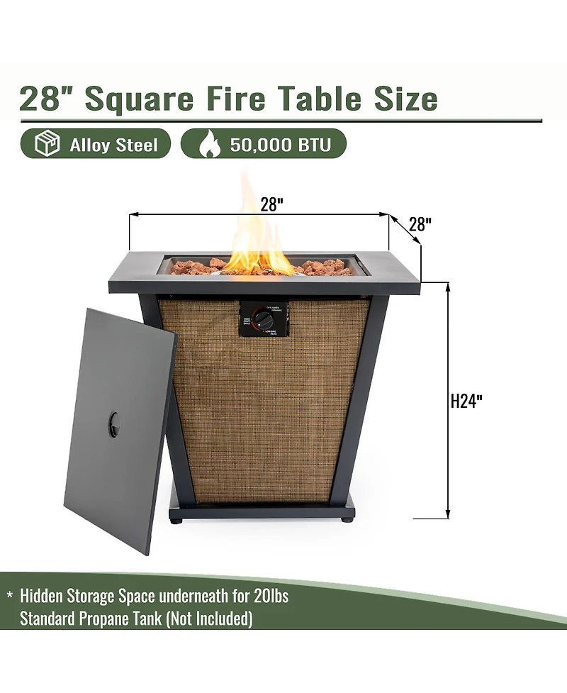 Flynama 28 Inch Propane Gas Fire Pit Table 50000 Btu Square Steel Brown Industrial Natural Style for Outdoor Patio Garden