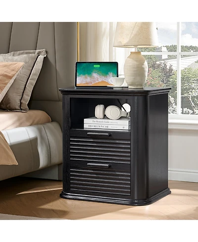 Rainsken 22" Fluted Nightstand with Charging Station, Modern Bedside Table with 2 Drawers and Open Storage for Living Room, Bedroom