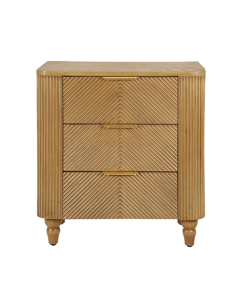 Rainsken Mid-Century Fluted Nightstand with 3 Storage Drawers, Wood Bedside End Table with Curved Profile & Metal Handle for Bedroom, Living Room