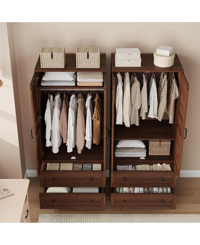 gaomon 72" Tall Wooden Armoire Wardrobe Closet with 2 Drawers, Adjustable Shelf & Hanging Rod, Bedroom Storage Cabinet with Doors