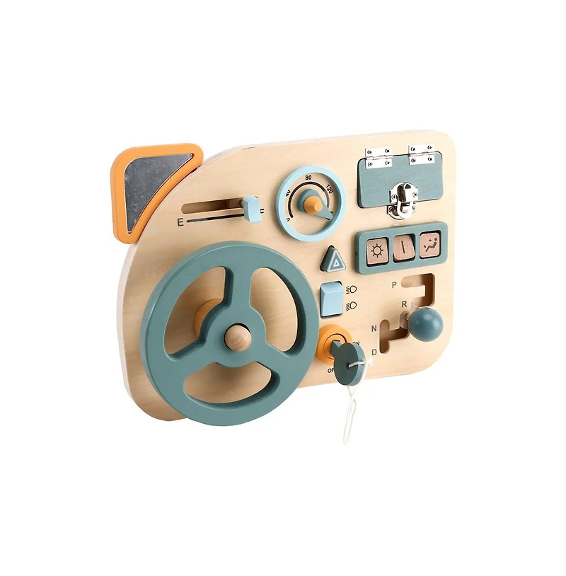 Bruce & Shark Montessori Busy Board for Toddlers, Wooden Activity Toy with with Lock, Key & Steering Wheel