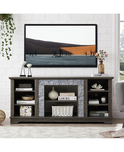 Streamdale Furniture Mantel Stone Tv Media Stand with Faux Stacked Stone Surround, Gray, 58.31"W
