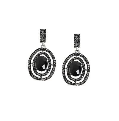 Sohi Women's Carbon Black Embellished Lined Oval Drop Earrings