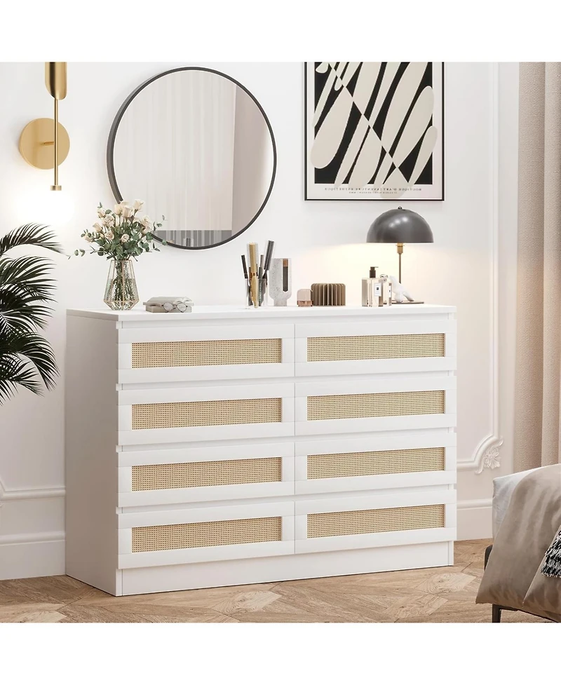 gaomon Rattan Dresser for Bedroom with 8 Drawers, 47'' Wide Chest of Oak Furniture Large Storage Tower Unit, Closet Store Organizer