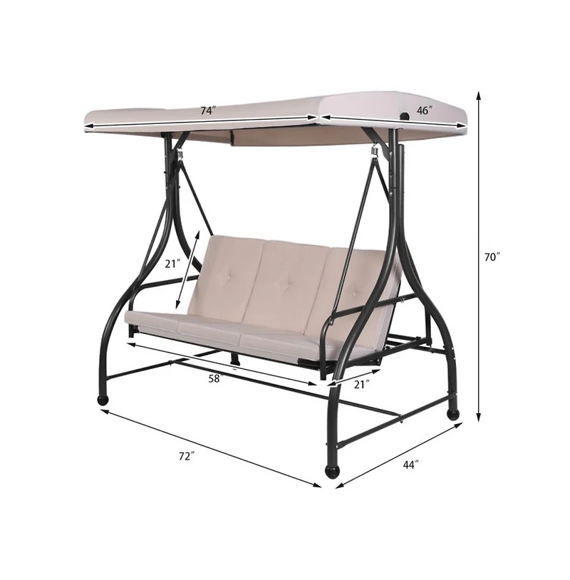 3 Seats Outdoor Porch Swing Hammock with Adjustable Tilt Canopy