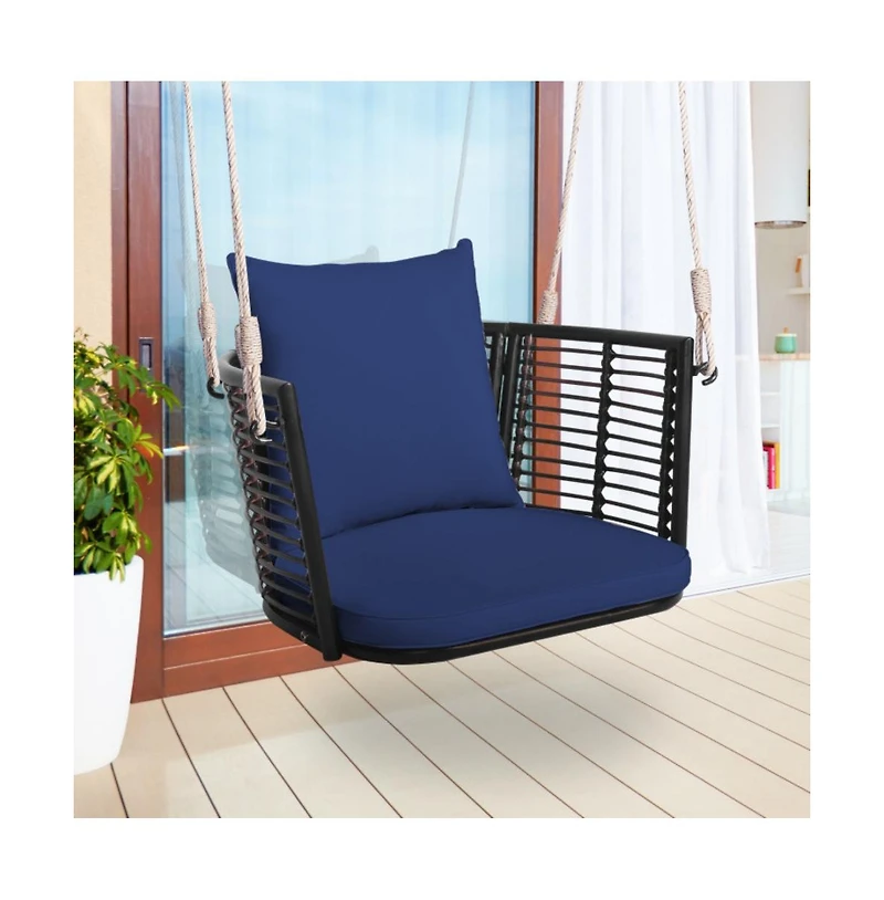 Porch Swing Patio Hanging Rattan Chair with Zippered Cushions and Rope
