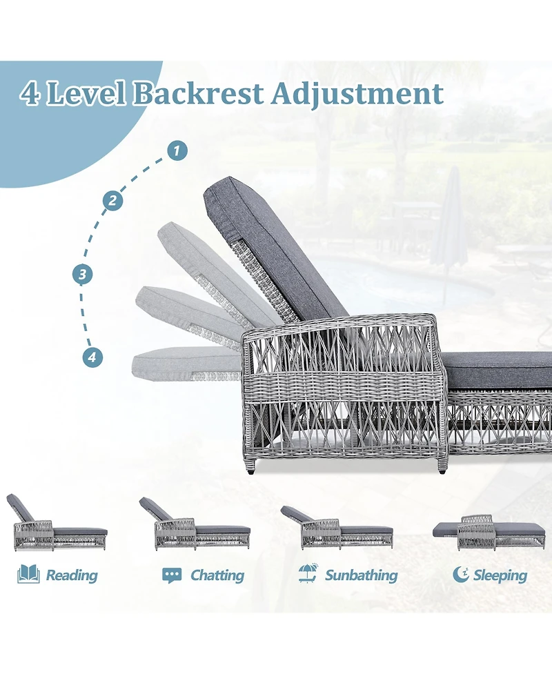 Mondawe Outdoor Wicker Lounge with Armrests, Patio Adjustable Recliner with Soft Removable Cushions