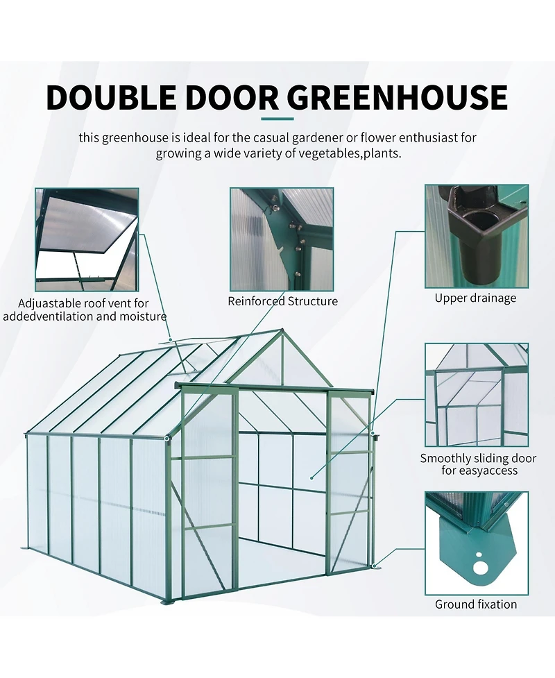 Mondawe 8x10FT Aluminum Double Door Polycarbonate Greenhouse with Raised Base and Anchor