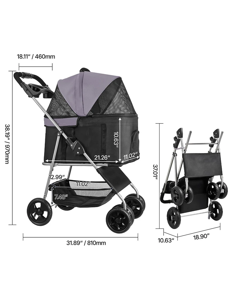 Aostirmotor 4-Wheel Foldable Pet Stroller for Dogs up to 35lbs with Detachable Carrier