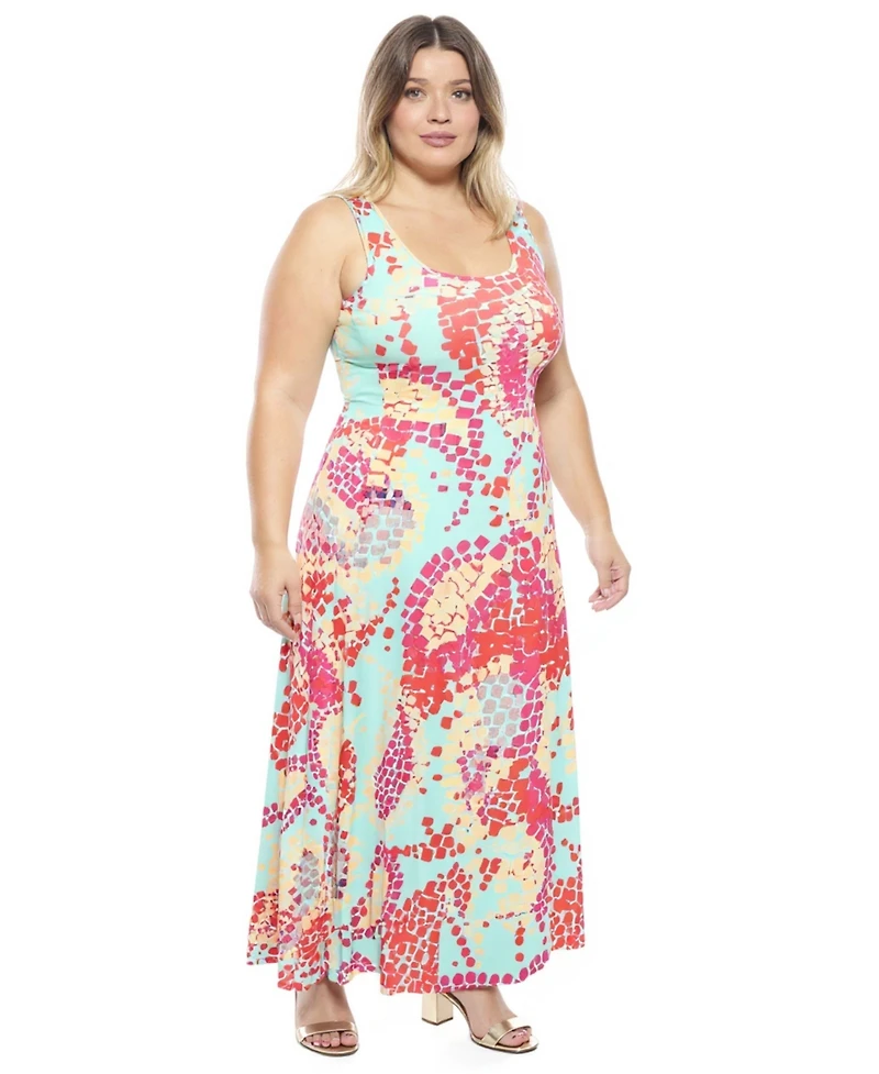 24seven Comfort Apparel Plus Abstract Scoop Neck Maxi Dress