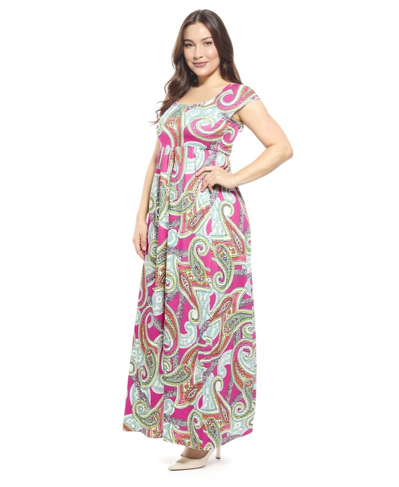 24seven Comfort Apparel Plus Paisley Square Neck Cap Sleeve Maxi Dress