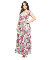 24seven Comfort Apparel Plus Paisley Square Neck Cap Sleeve Maxi Dress