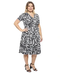 24seven Comfort Apparel Plus Abstract V-Neck A-Line Midi Dress