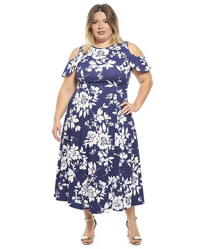 24seven Comfort Apparel Plus Ruffle Sleeve Cold Shoulder Maxi Dress