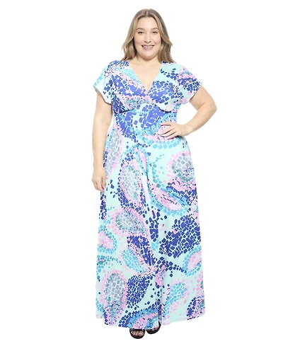 24seven Comfort Apparel Plus Abstract Empire Waist Cap Sleeve Maxi Dress