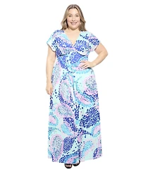 24seven Comfort Apparel Plus Abstract Empire Waist Cap Sleeve Maxi Dress