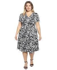 24seven Comfort Apparel Plus Abstract V-Neck A-Line Midi Dress