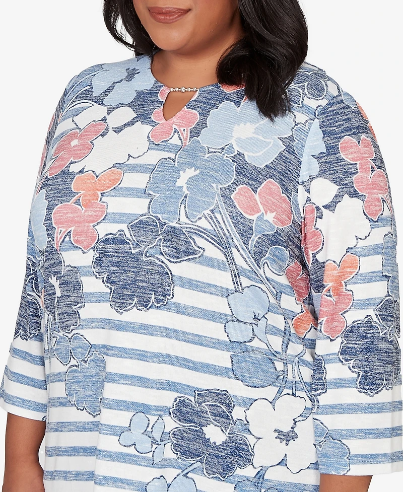 Alfred Dunner Plus Austin Stripe Floral Split Neck Knit Top