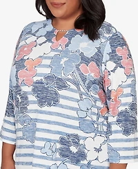 Alfred Dunner Plus Austin Stripe Floral Split Neck Knit Top