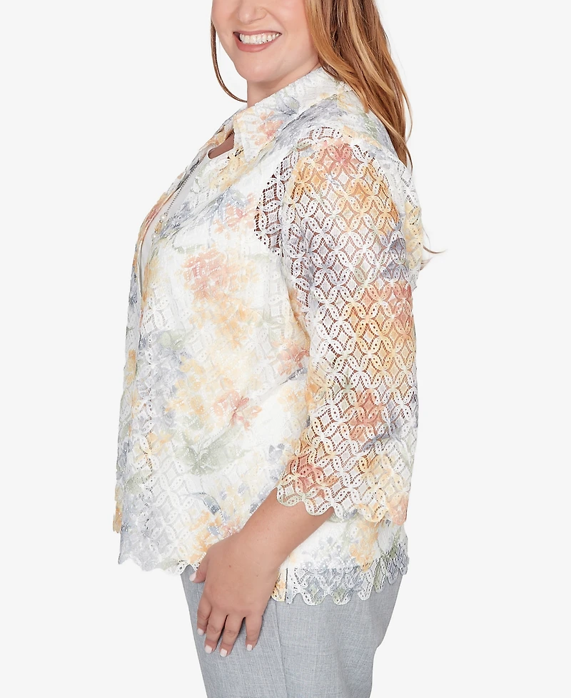 Alfred Dunner Plus Al Fresco Lace Floral Two One Top with Necklace