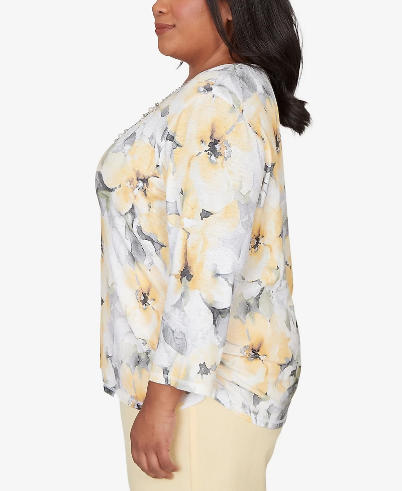 Alfred Dunner Plus Al Fresco Watercolor Floral Side Ruched Top with Necklace