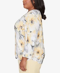 Alfred Dunner Plus Al Fresco Watercolor Floral Side Ruched Top with Necklace