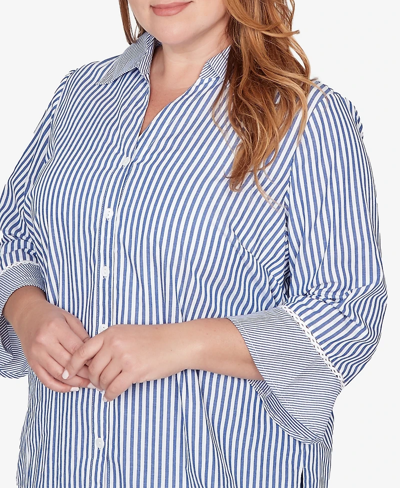Alfred Dunner Plus Mykonos Mixed Stripe Button front closure Lace Trim Top