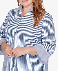 Alfred Dunner Plus Mykonos Mixed Stripe Button front closure Lace Trim Top