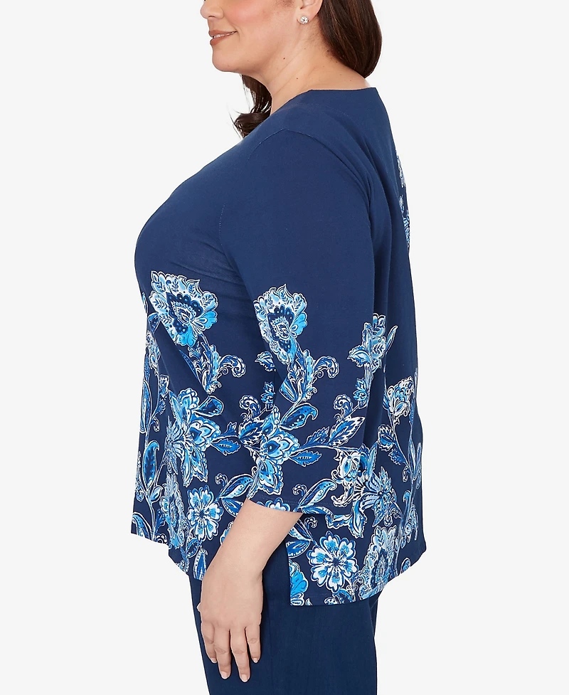 Alfred Dunner Plus Mykonos Asymmetrical Floral Split Beaded Neck Top