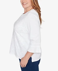 Alfred Dunner Plus Mykonos White Medallion Embroidered Top