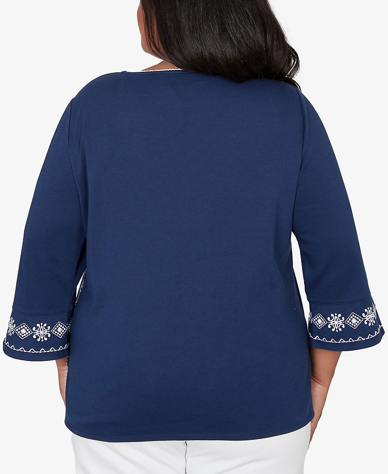 Alfred Dunner Plus Mykonos Diagonal Scroll Embroidered Crew Neck Top