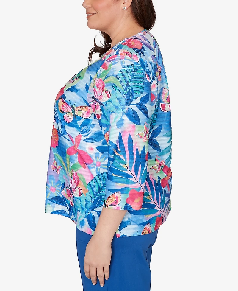 Alfred Dunner Plus The Royal Treatment Tropical Butterfly Ruffle Textured Top