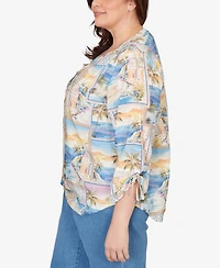 Alfred Dunner Plus Beachcomber Postcard Print Tie Sleeve Henley Top