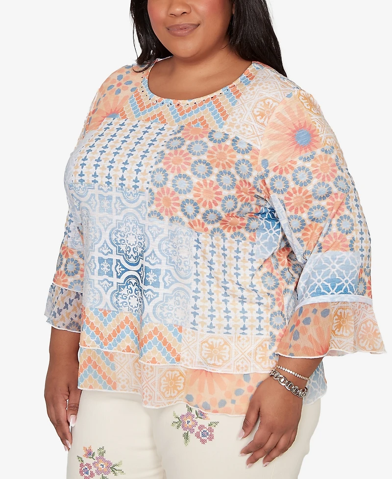 Alfred Dunner Plus Beachcomber Patchwork Medallion Ruffle Sleeve Top