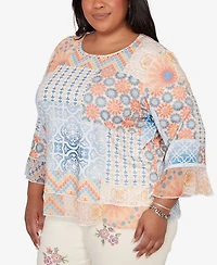 Alfred Dunner Plus Beachcomber Patchwork Medallion Ruffle Sleeve Top