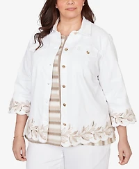 Alfred Dunner Plus Natural Wonder Leaf Cutout Embroidered Shirt Jacket