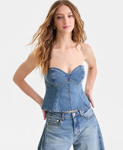 Bar Iii Women's Denim Strapless Peplum Corset Top, Macy's Exclusive