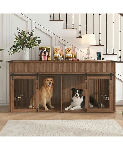 Aostirmotor 71" Double Dog Crate Furniture with Walnut Top, 3 Drawers, Outlet & Feeders