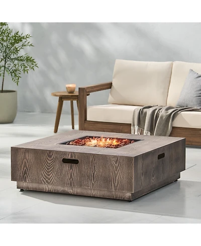 Flynama Wellington Square Iron Fire Pit with Wood Pattern 50000 Btu Tank Outside
