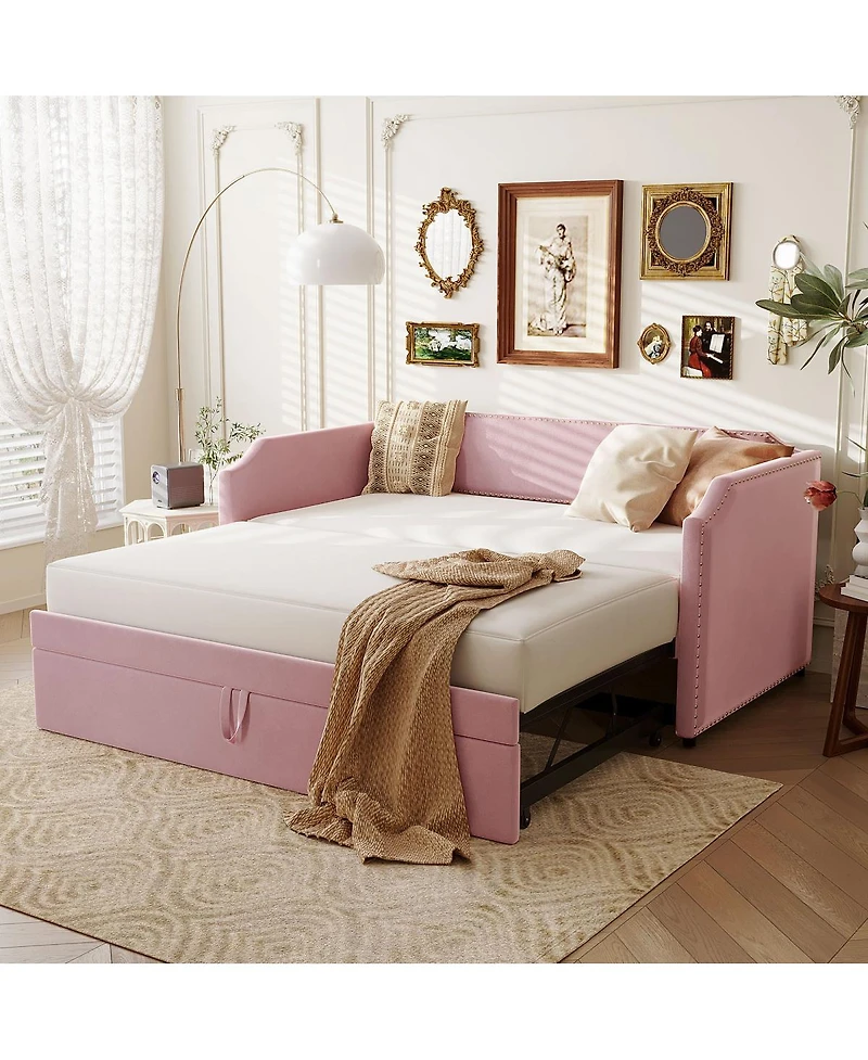 Streamdale Furniture Twin Size Velvet Upholstered Daybed with Pop Up Trundle