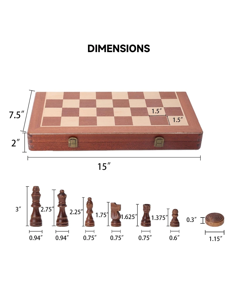 Gse Games & Sports Expert 15" Large Wooden Folding 2-in-1 Chess and Checkers Board Game Set with Chess Storage Slots Drawer