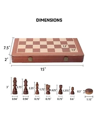 Gse Games & Sports Expert 15" Large Wooden Folding 2-in-1 Chess and Checkers Board Game Set with Chess Storage Slots Drawer
