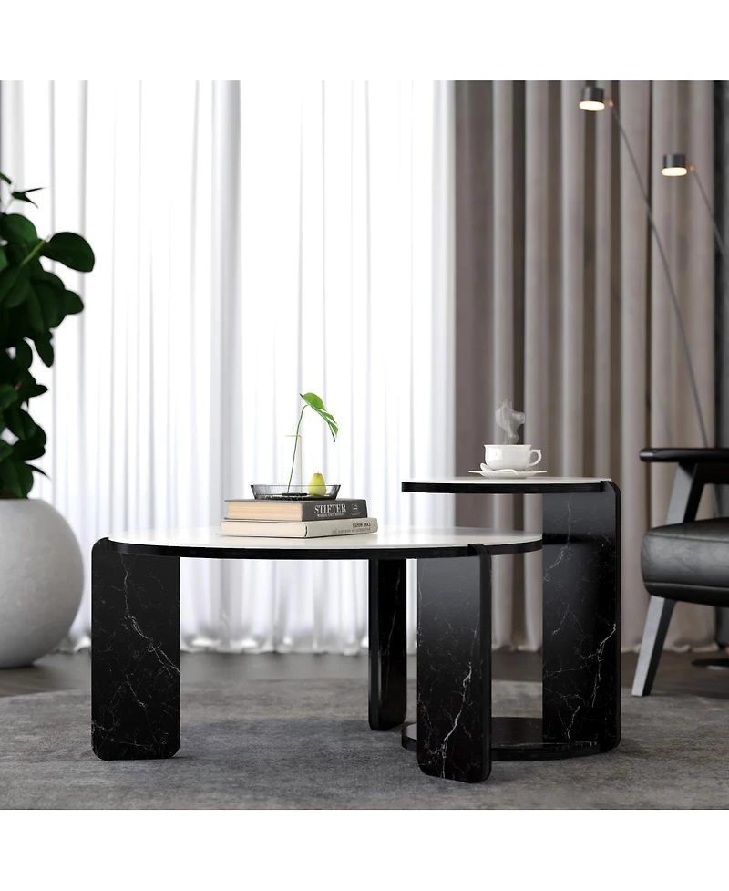 Streamdale Furniture Set of 2 Round Nesting Coffee Tables with White Sintered Stone Top