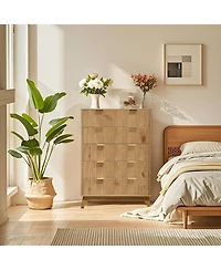 Gaomon 5-Drawer Wooden Tall Dresser with Waveform Fluted Panels – Modern Storage Chest for Bedroom, Living Room, or Kids' Room