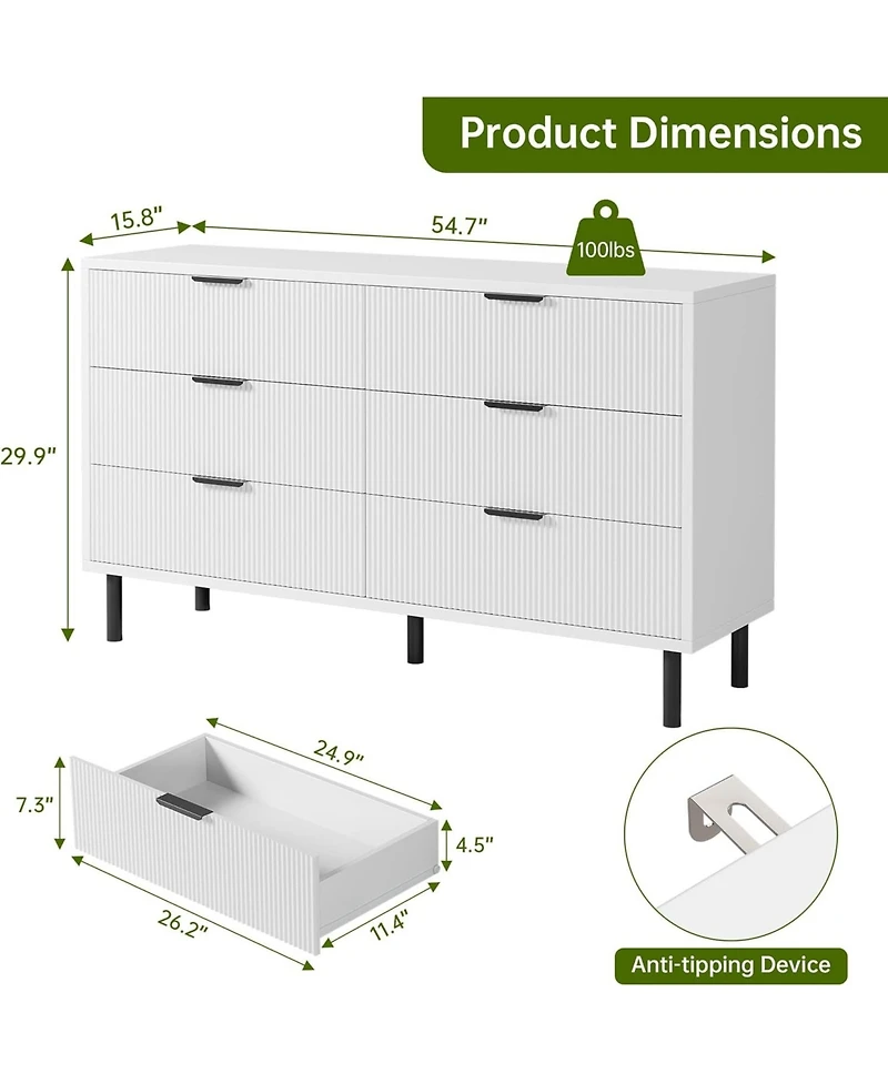 gaomon Modern Fluted 6 Drawer Dresser for Bedroom, Wide Chest of Drawers with Metal Handles and Legs, Wooden Tv Stand, Clothes Storage Cabinet
