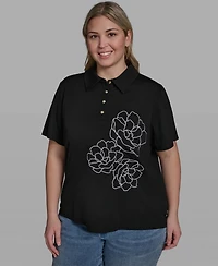 Karl Lagerfeld Paris Plus Floral Polo Short-Sleeve Top