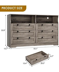 gaomon Dresser for Bedroom with 6 Drawers, 55" Wide Wooden Led Lights & Power Outlet, Modern Large Tv