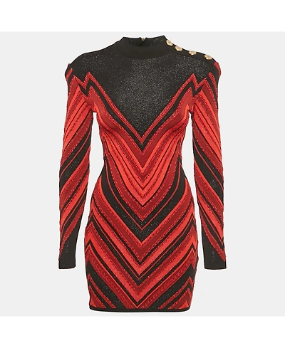 Pre-Owned Balmain Women's Red/black Chevron Lurex Knit Bodycon Dress