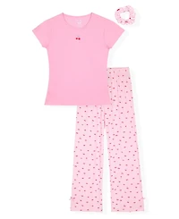 Max & Olivia Girls' 6X-14 Cherry Print Top, Long Pants Scrunchie, 3-Piece Set